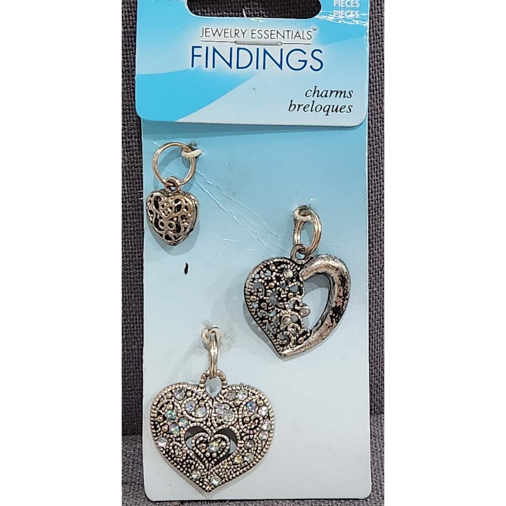 Jewelry Essentials 3 Piece Heart Charms Silver Metal NWT Filigree